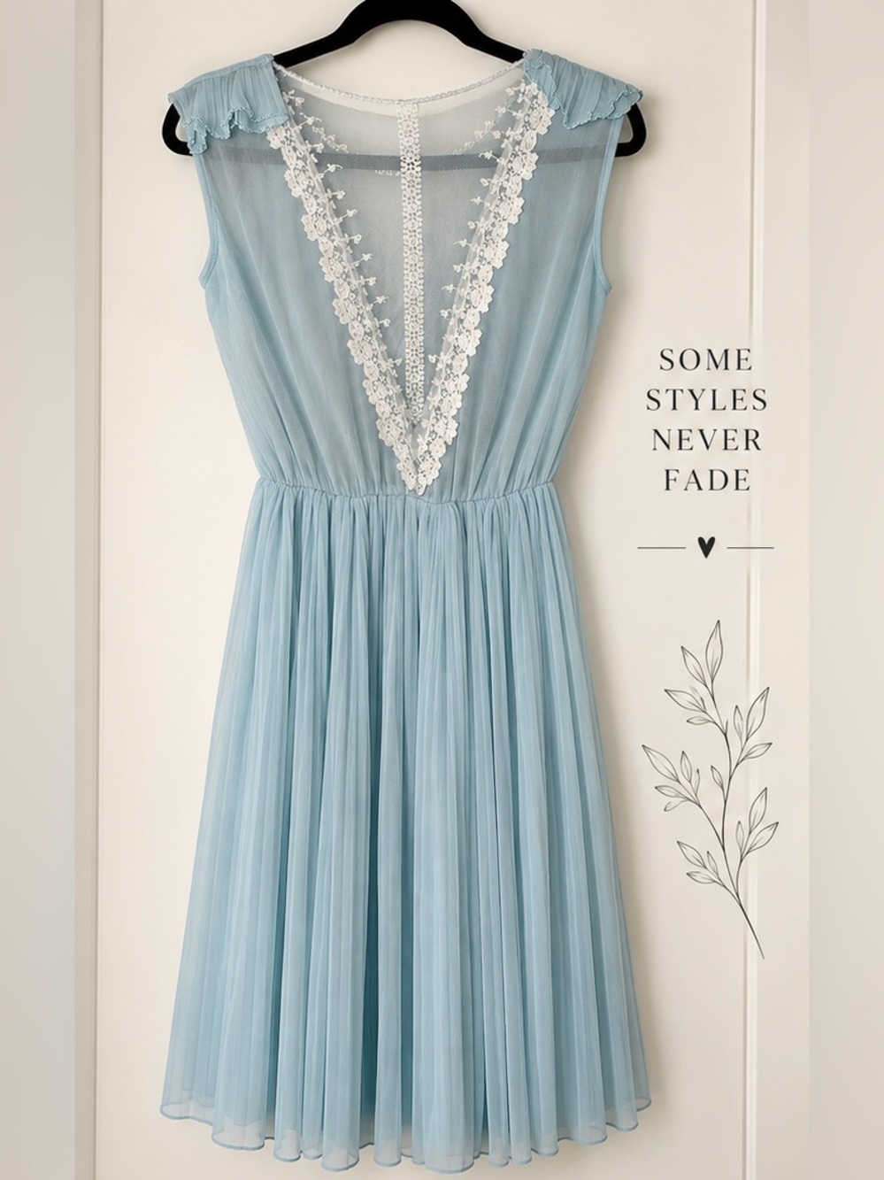 Vintage 1970’s Powder Blue Pleated Chiffon Lace Midi Dress Sheer Romantic